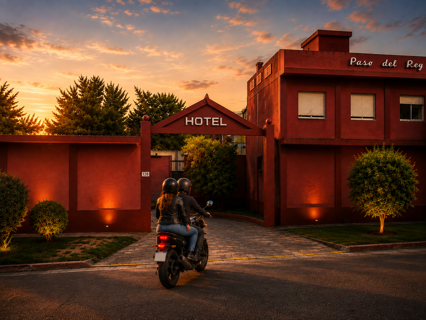 Pareja llegando en moto a Hotel Paso del Rey