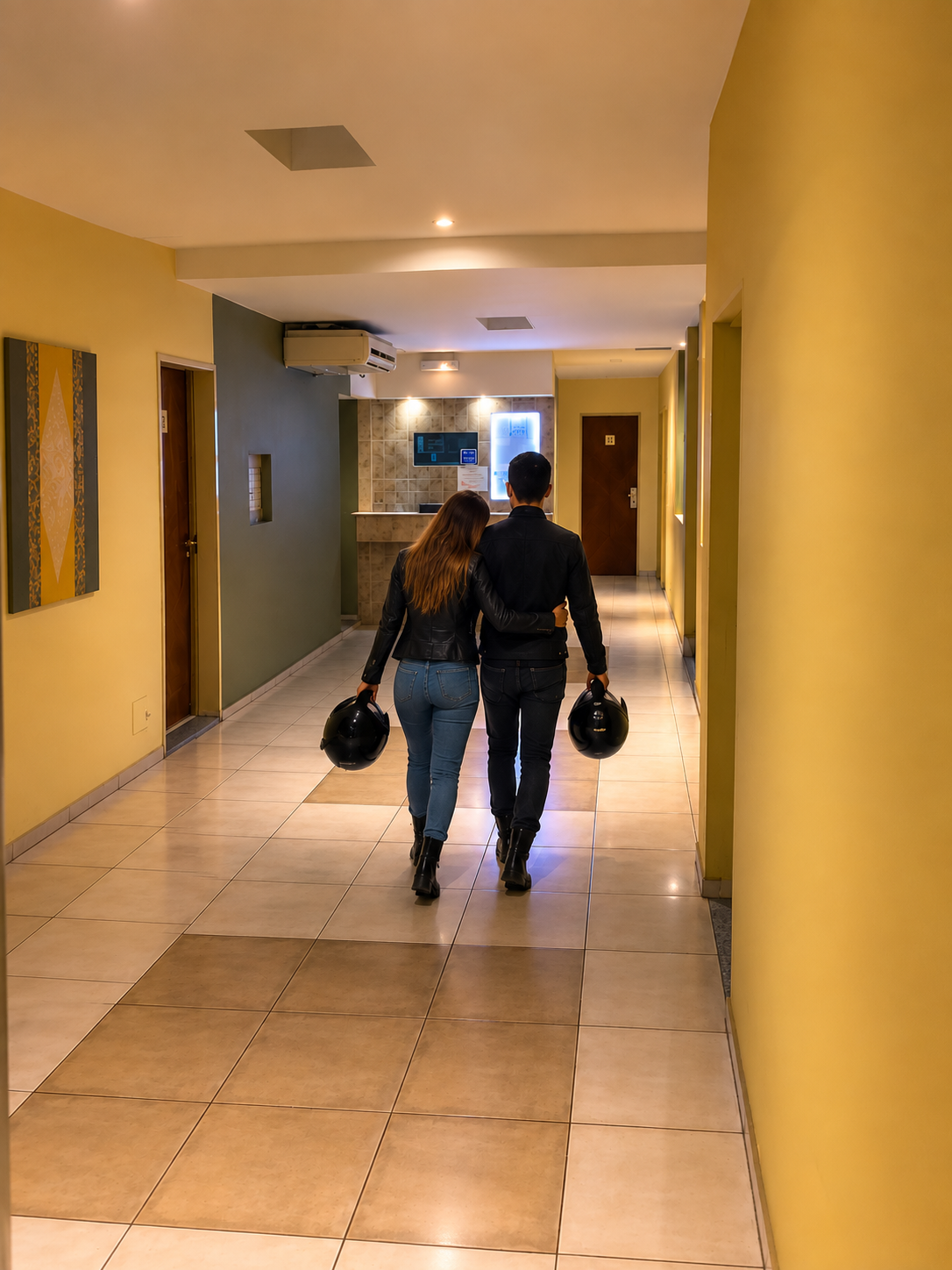Pareja caminando por el pasillo hacia la conserjería